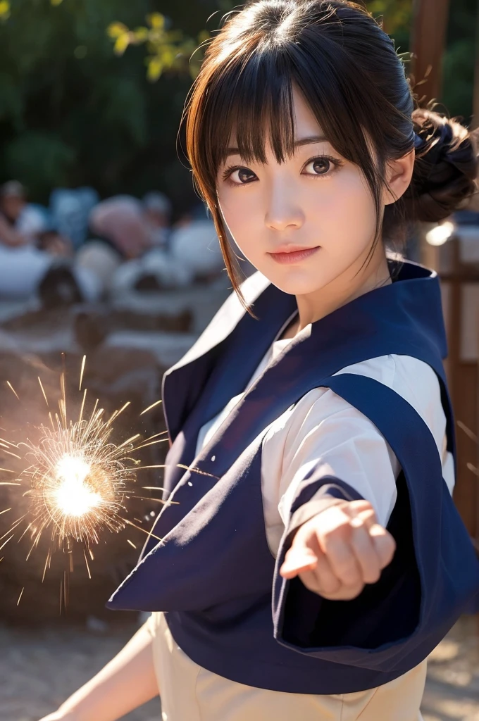 Megumi of Bless this wonderful world is shooting explosive magic, magic circle around her, real photo.