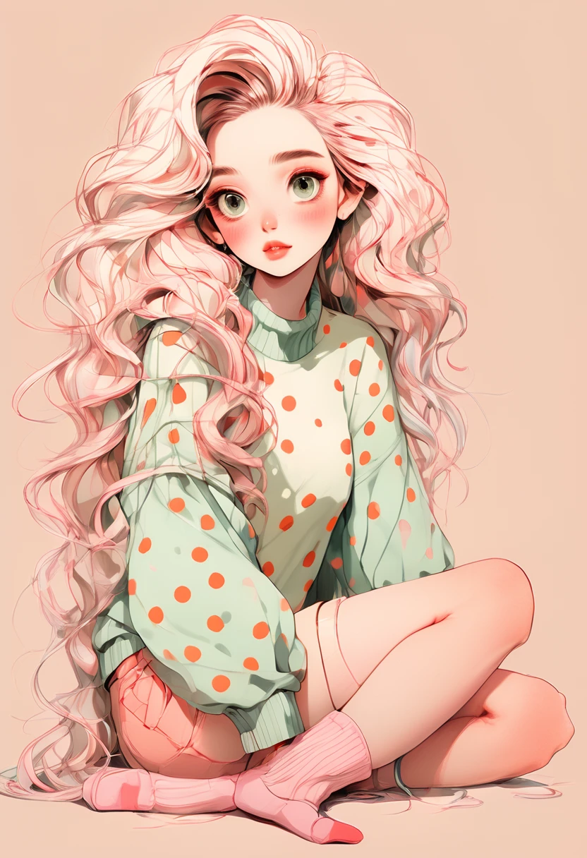 (Highest quality,4K,8K,High resolution,masterpiece:1.2),Super detaileded,(Actual,photoActual,photo-Actual:1.37),Unique Look,Lovely girl sitting,Long neck,Big Head,Exaggerated Hair,fluffy hair,Small freckles,Exaggeration,Surrealism,Duck egg green polka dot sweater,detailed,horse hair,fluffy,socks,Clean background,Hand-drawn style,Pencil drawing,Lovely,Smooth lines,Clean silhouette,Beautiful composition