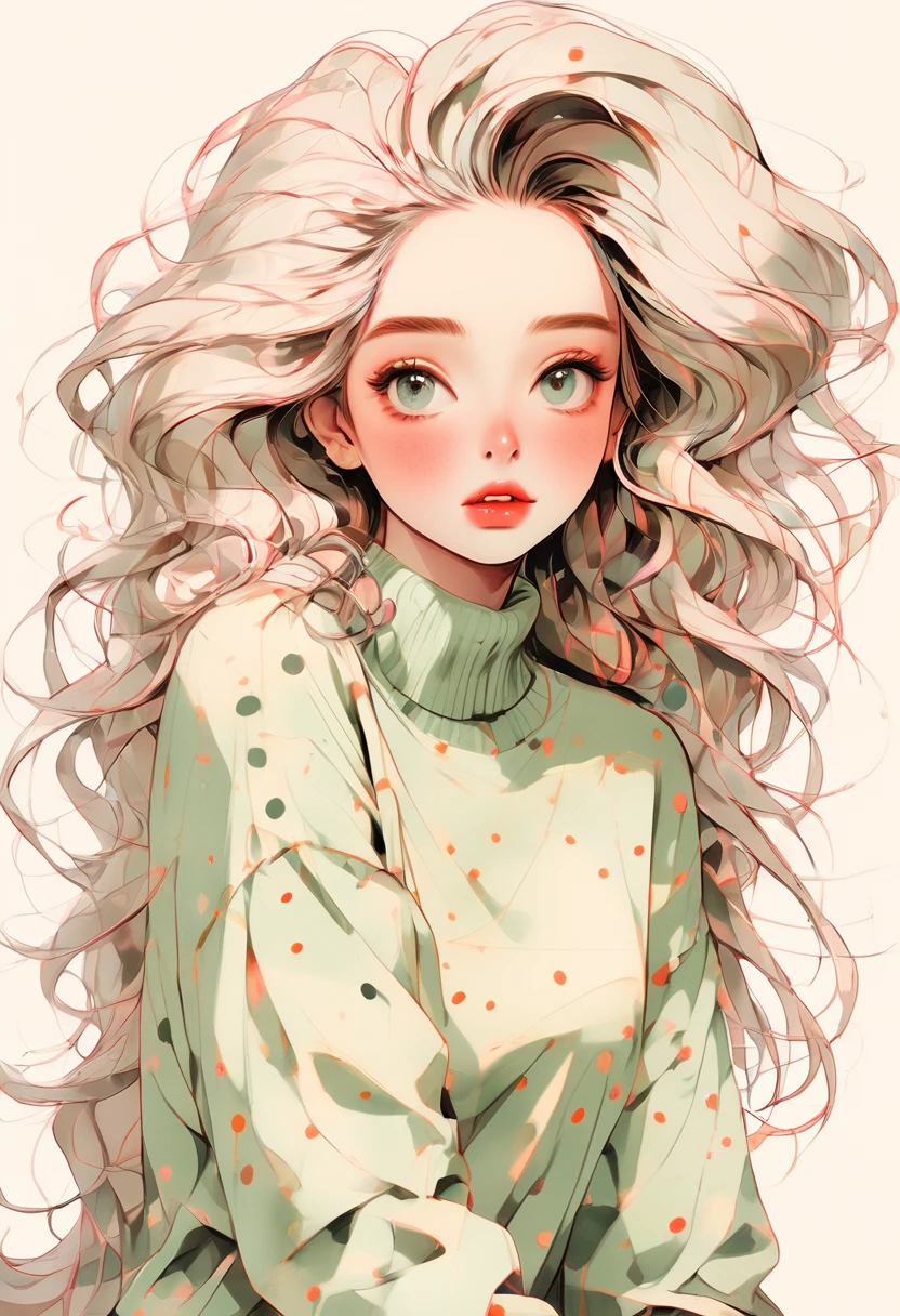 (Highest quality,4K,8K,High resolution,masterpiece:1.2),Super detaileded,(Actual,photoActual,photo-Actual:1.37),Unique Look,Lovely girl sitting,Long neck,Big Head,Exaggerated Hair,fluffy hair,Small freckles,Exaggeration,Surrealism,Duck egg green polka dot sweater,detailed,horse hair,fluffy,socks,Clean background,Hand-drawn style,Pencil drawing,Lovely,Smooth lines,Clean silhouette,Beautiful composition