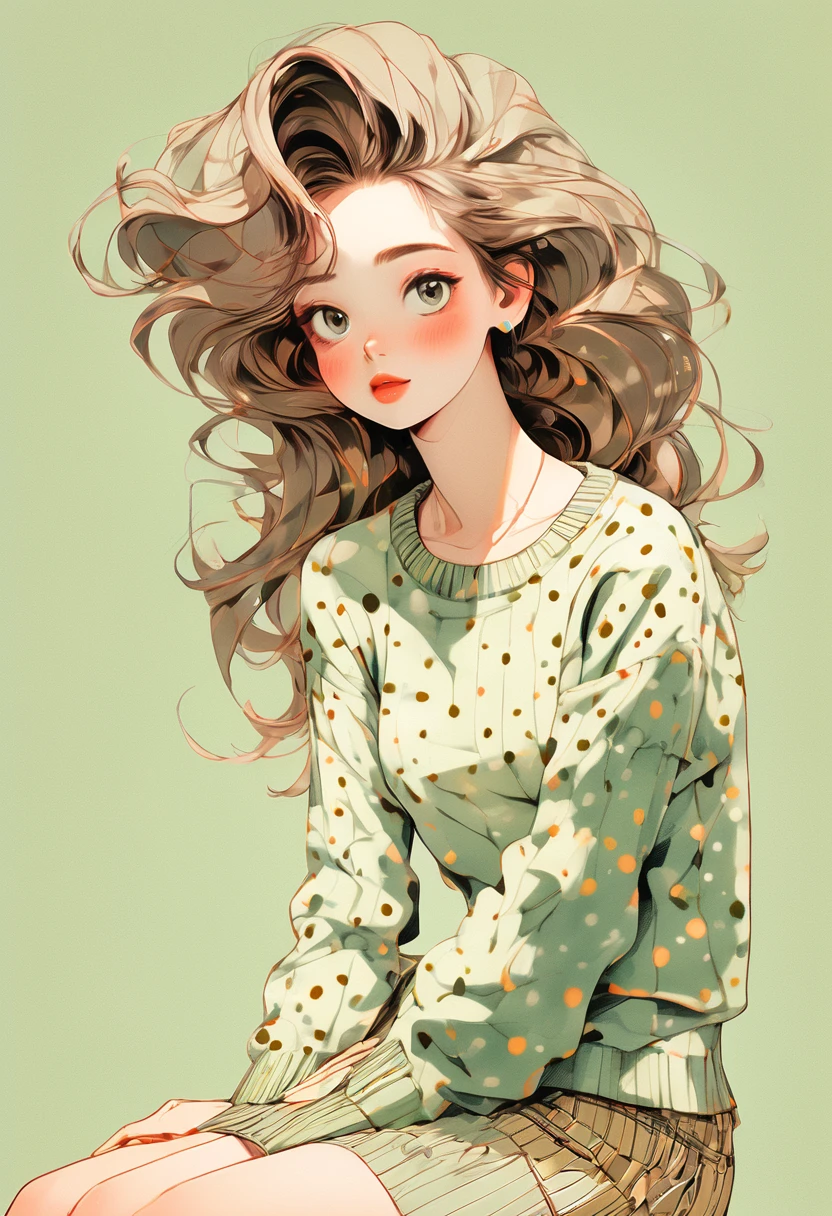 (Highest quality,4K,8K,High resolution,masterpiece:1.2),Super detaileded,(Actual,photoActual,photo-Actual:1.37),Unique Look,Lovely girl sitting,Long neck,Big Head,Exaggerated Hair,fluffy hair,Small freckles,Exaggeration,Surrealism,Duck egg green polka dot sweater,detailed,horse hair,fluffy,socks,Clean background,Hand-drawn style,Pencil drawing,Lovely,Smooth lines,Clean silhouette,Beautiful composition