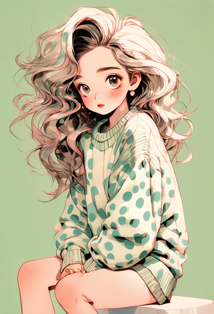 (Highest quality,4K,8K,High resolution,masterpiece:1.2),Super detaileded,(Actual,photoActual,photo-Actual:1.37),Unique Look,Lovely girl sitting,Long neck,Big Head,Exaggerated Hair,fluffy hair,Small freckles,Exaggeration,Surrealism,Duck egg green polka dot sweater,detailed,horse hair,fluffy,socks,Clean background,Hand-drawn style,Pencil drawing,Lovely,Smooth lines,Clean silhouette,Beautiful composition