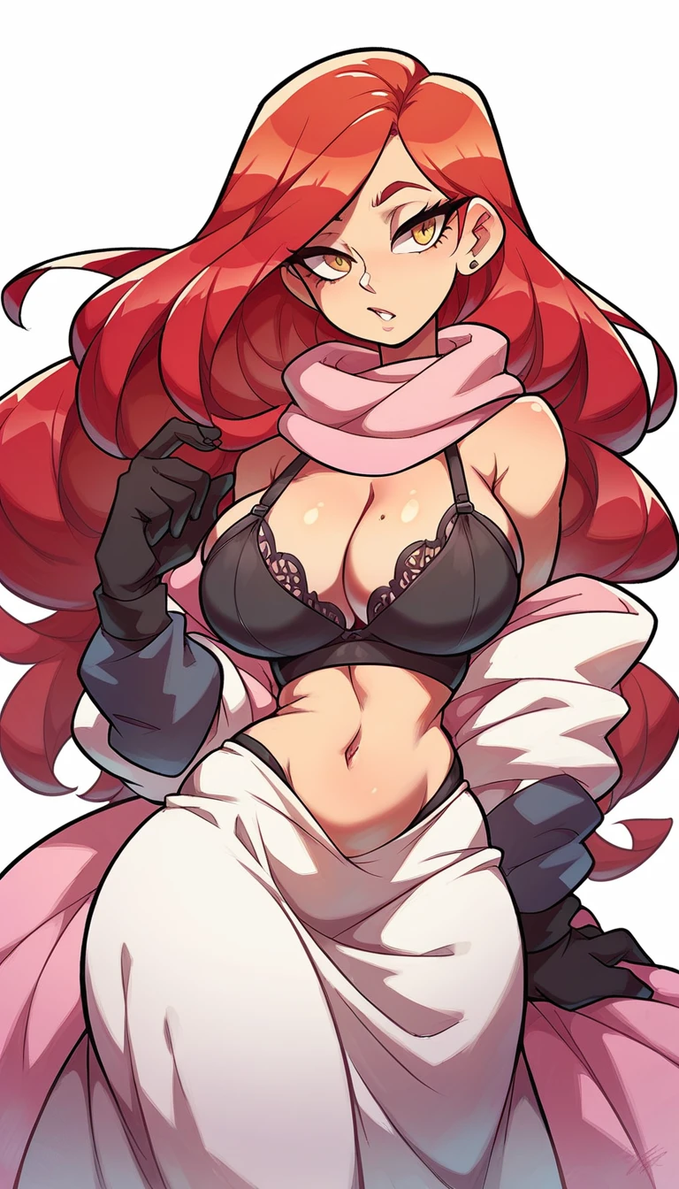 a girl princess tall sexy big breast pretty beauty attractive long red hair round her yellow eye shine pink scarf wide neck dresses beautiful black bra shape red flames shows navel curve wide sexy and a black thong thighs sensual wears black boot big long military black gloves