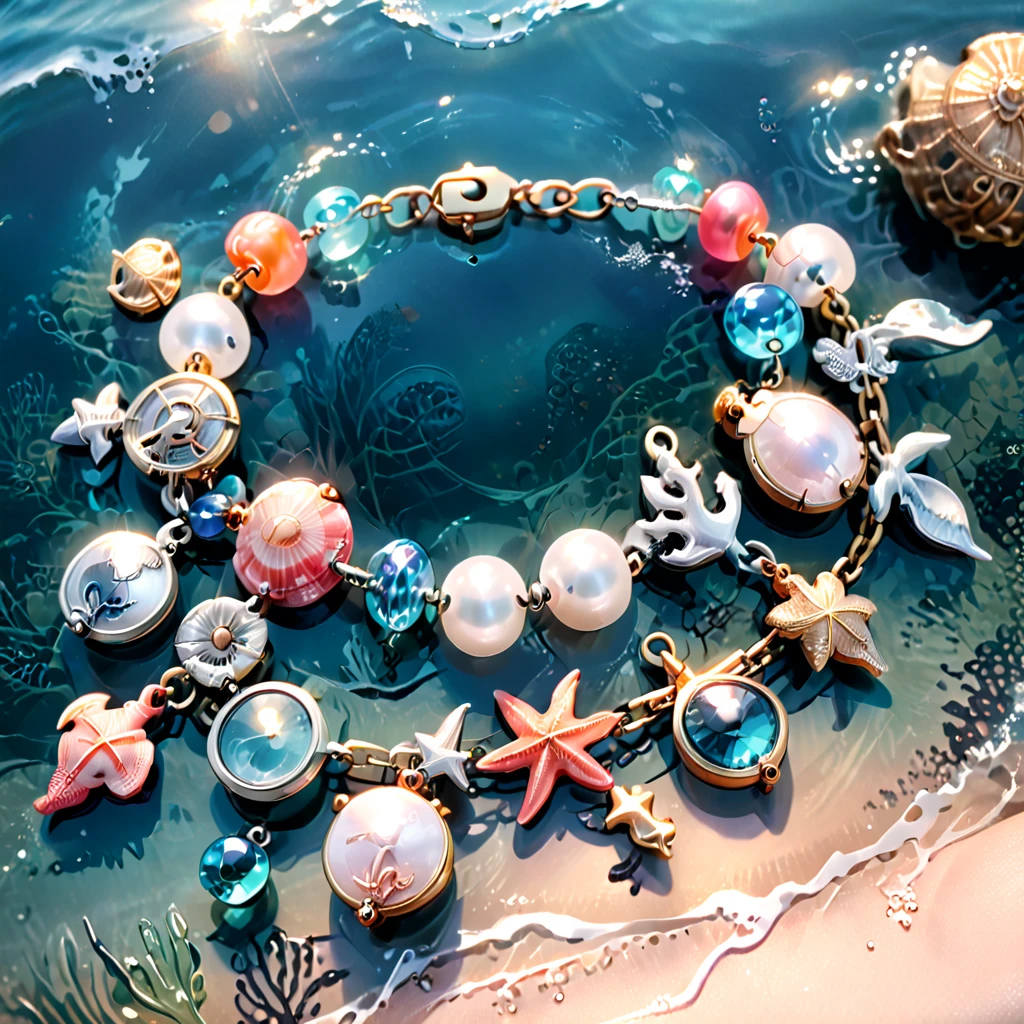 A shiny silver bracelet, on the wrist, (marine-themed charms:1.5), pearls, transparent colorful beads, delicate thin chain, (best quality, 4k, 8k, highres, masterpiece:1.2), ultra-detailed, (realistic, photorealistic, photo-realistic:1.37), intricate jewelry design, exquisite craftsmanship, shimmering metallic, ocean-inspired, iridescent pearls, vibrant hues, delicate filigree, elegant accessory, feminine aesthetics, close-up, detailed texture, soft focus, warm lighting