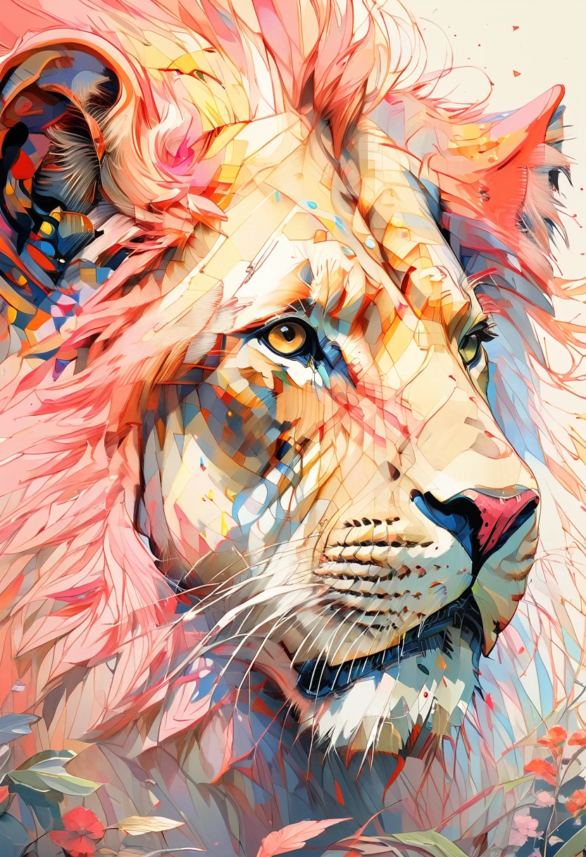 (Highest quality:0.8), (Highest quality:0.8), Perfect illustration,Close-up portrait of a lion、grassland、pink