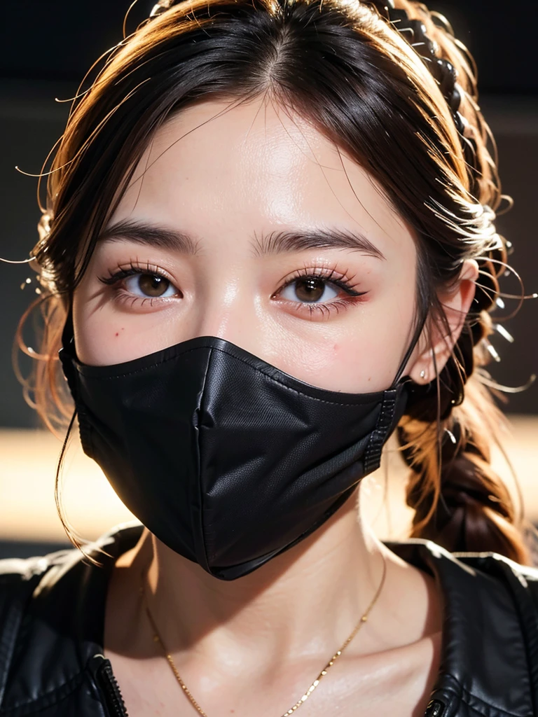 8K RAW Photos, best quality, masterpiece, Ultra-high resolution, Film Grain, , 1 Girl, Looking at the audience, Natural skin texture, Realistic eye and face details,Black mask, (cosmetic),
