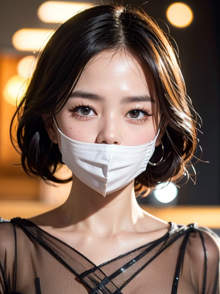 8K RAW Photos, best quality, masterpiece, Ultra-high resolution, Film Grain, , 1 Girl, Looking at the audience, Natural skin texture, Realistic eye and face details,Black mask, (cosmetic),
