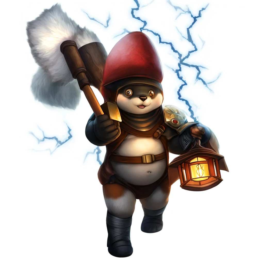 chubby, male, boy, small, bear, high res, furry, lantern, hammer, red helmet, chubby body, sparkles, thunder power, white fur, black fur in the chest, pretty, cute, man, realistic light, realistic shadows, best quality, realistic fur, electricity from the hammer