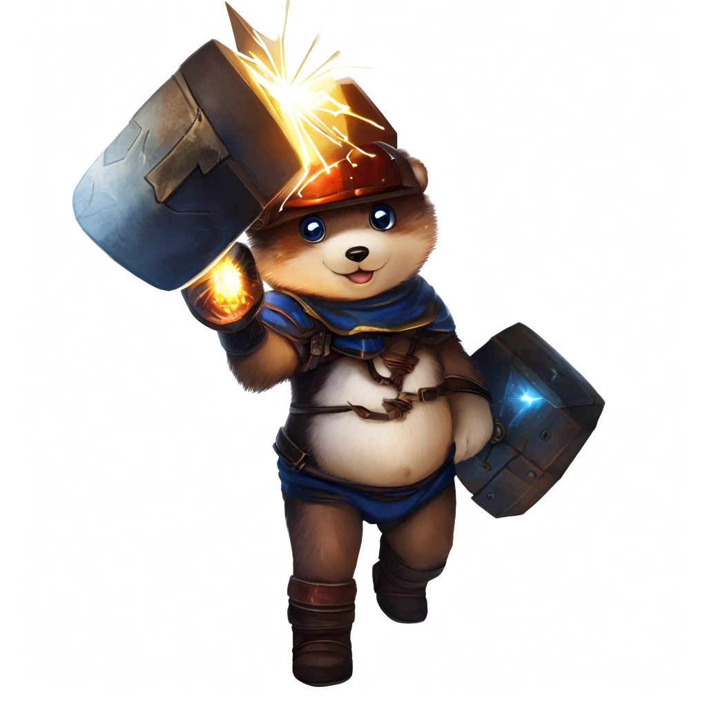 chubby, male, boy, small, bear, high res, furry, lantern, hammer, red helmet, chubby body, sparkles, thunder power, white fur, black fur in the chest, pretty, cute, man, realistic light, realistic shadows, best quality, realistic fur, electricity from the hammer