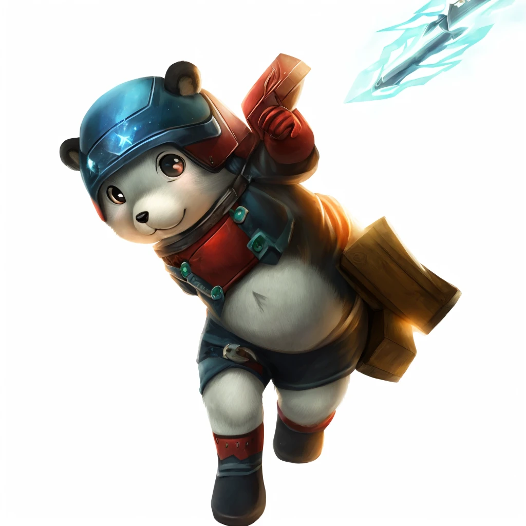 chubby, male, boy, small, bear, high res, furry, lantern, hammer, red helmet, chubby body, sparkles, thunder power, white fur, black fur in the chest, pretty, cute, man, realistic light, realistic shadows, best quality, realistic fur, electricity from the hammer