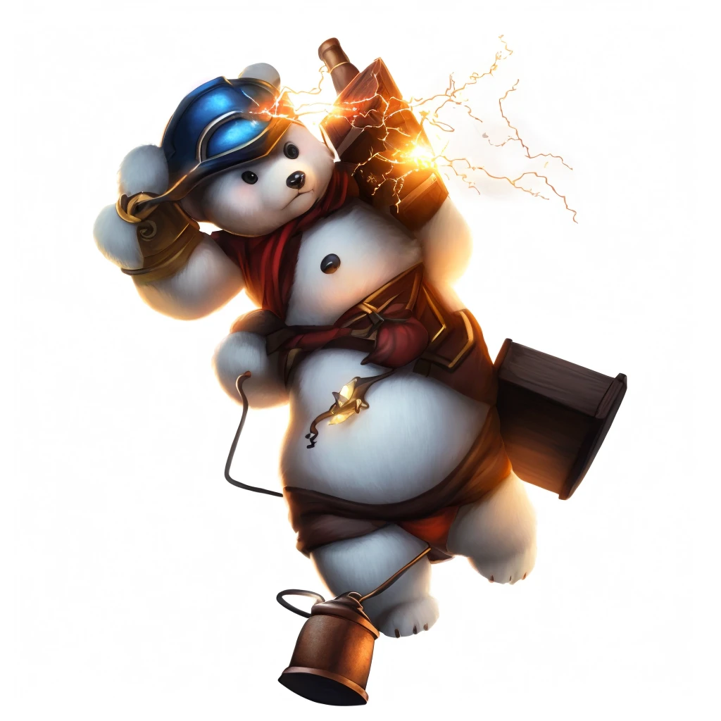 chubby, male, boy, small, bear, high res, furry, lantern, hammer, red helmet, chubby body, sparkles, thunder power, white fur, black fur in the chest, pretty, cute, man, realistic light, realistic shadows, best quality, realistic fur, electricity from the hammer