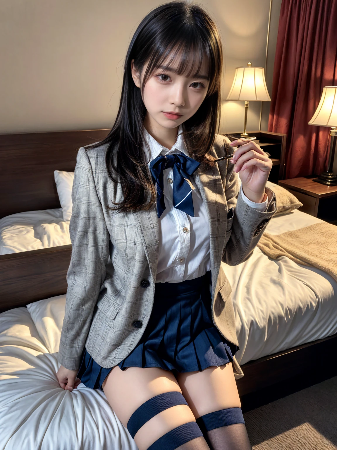 (8K, RAW Photos, Highest quality, masterpiece:1.2), masterpiece, super detailed, super high quality, (Realistic and photorealistic photography:1. 37), High-resolution RAW color photos, Very delicate and beautiful, highly detailed, 8k wallpaper, wonderful, detailed, Very eye, very detailed, very detailed skin, very thin fingers, very detailed nose, very detailed mouth, Perfect Anatomy, BREAK, (2 girls, japanesgirls:1.2), Colossal tits, short bob hair, black hair color, huge breasts, very huge round breasts, Beautiful makeup, glitter makeup, Big Natural Color Lip, perfect body shape, crying a little, beautiful legs, beautiful legs, Voluptuous thighs, BREAK, High school girl uniform, blazer, Super Short Check Uniform Skirt, Navy blue high socks, BREAK, The background is a luxury hotel room