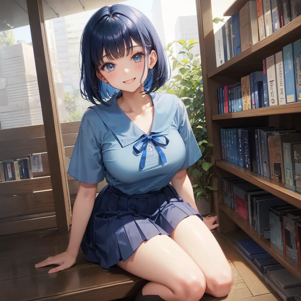 1. High school girl　17-year-old female　Bobcut　dark blue hair color　High School Uniform　Light blue Y-shirt　Short sleeve　Blue Ribbon　dark blue hair color　Slim figure　Large Breasts　Full body portrait　School library　Smiling Kindly　Laugh a little　library　Hand Signs　squat　Kneel　Look up here　