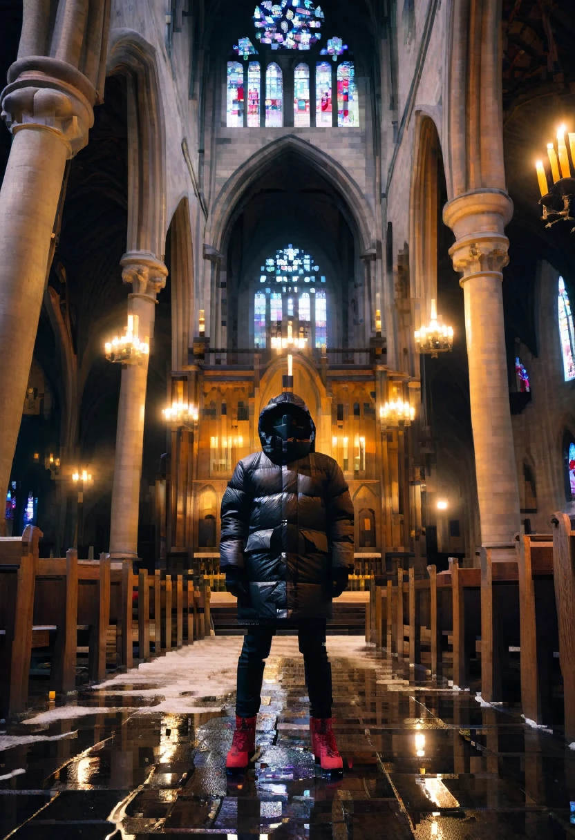 fisheye lens, puffer jacket ski mask man standing inside a gothic church, wet stone, puddles, infinite vaults, bloodborne, dramatic light, low key, candle light