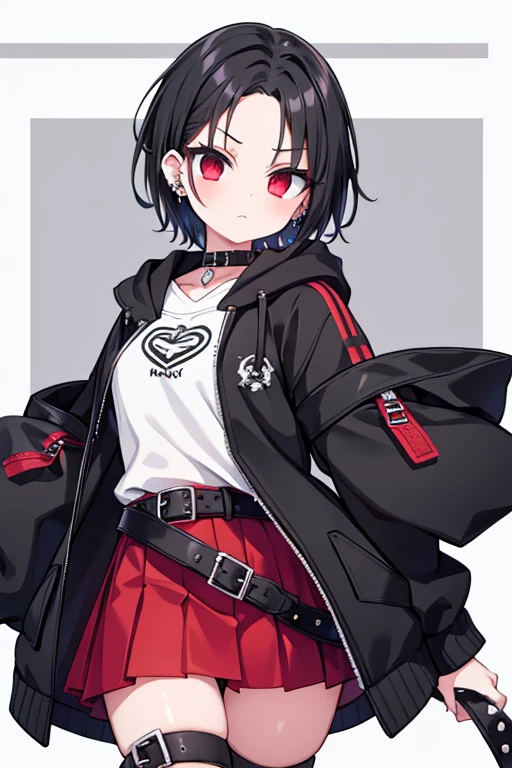 Girl, tomboy, edge lord, goth, short black hair, forehead slightly exposed, light skin, black eyeliner, ear piercings, spiky accessories, belts, white shirt, black hoodie jacket, red skirt, belt, boots with belts.