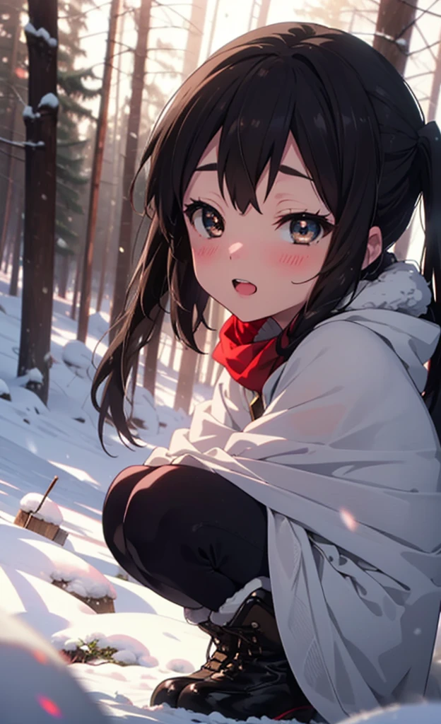 teeth, Azusa Nakano, Black Hair, (Brown eyes:1.5), Long Hair, ,Twin tails,smile,smile,blush,White Breath,
Open your mouth,snow,Ground bonfire,, Outdoor, boots, snowing, From the side, wood, suitcase, Cape, Blurred, , forest, White handbag, nature,  Squat, Mouth closed, Cape, winter, Written boundary depth, Black shoes, red Cape break looking at viewer, Upper Body, whole body, break Outdoor, forest, nature, break (masterpiece:1.2), Highest quality, High resolution, unity 8k wallpaper, (shape:0.8), (Beautiful and beautiful eyes:1.6), Highly detailed face, Perfect lighting, Highly detailed CG, (Perfect hands, Perfect Anatomy),