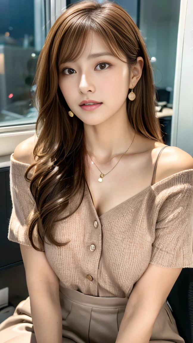 Ultra-high resolution, Superior Quality, Highest quality, Very detailed, Realistic, 8K, RAW Photos, Highest quality, masterpiece, Attractive girl, Awesome girl, Light brown hair、Wavy Hair、 hairstyle semi long、Mesh Hair, Japanese Idols, ear piercing、Necklace around the neck、sexly、office lady
