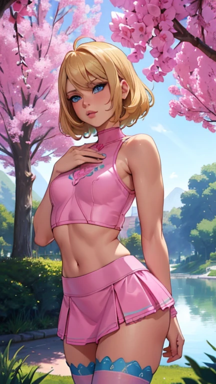 a femboy sissy with blonde hair, beautiful detailed blue eyes, wearing a tight pink crop top, a pink miniskirt, stockings, in a park, (small flaccid penis), intricate details, hyper realistic, 8k, photorealistic, masterpiece, vibrant colors, cinematic lighting, soft focus, ethereal