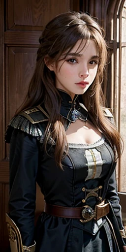 photorealistic, high resolution, soft light, a very cute and pretty brown-haired girl, solo, (detailed face), badge, medieval fantasy dark military uniform, silver hems, steampunk, Victorian police