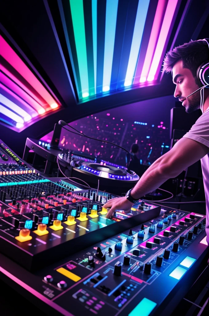 a DJ in action, wearing big headphones and mixing music on a mixing console. Around it, you can include elements that represent different musical styles, such as musical notes of different colors or various musical instruments. All this in a vibrant and energetic background to capture the diversity and mix of sounds it represents. "SonidoMix".
