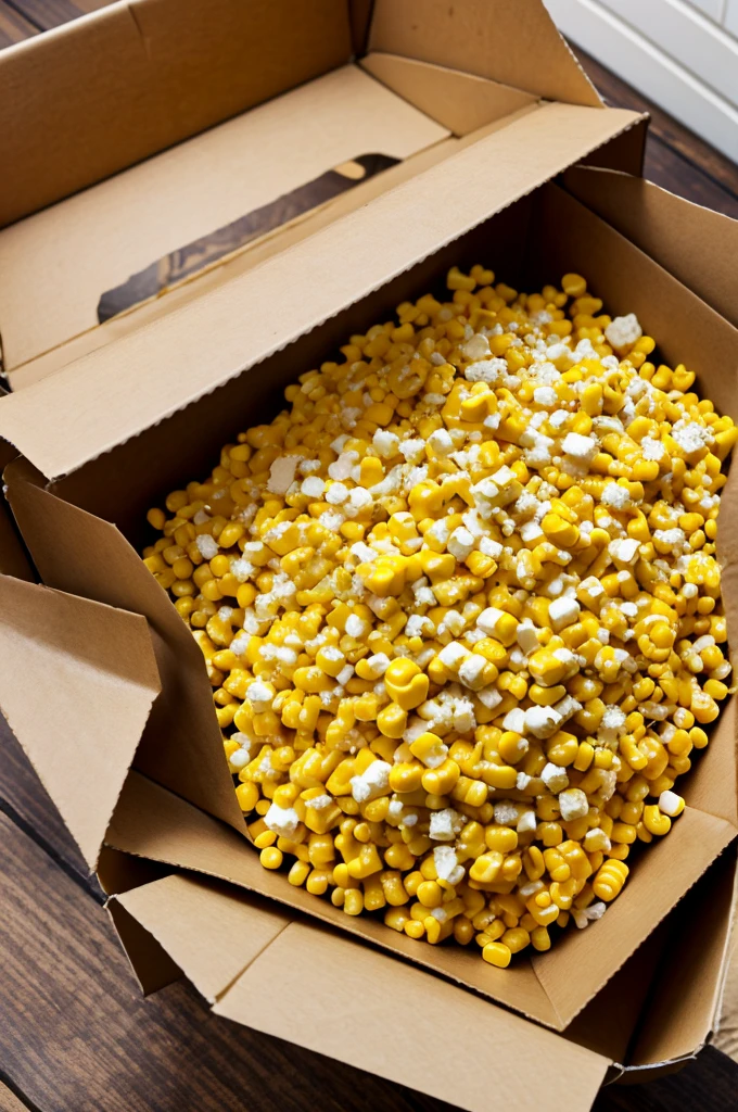 Cardboard box with candied corn with sabaritas and cheese