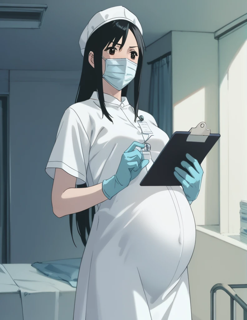 Score_9, Score_8_up, Score_7_up, source_anime, Kasuga no Rei, shy eyes, pale skin, hair collected in a surgical cap, scrubs, long surgical gown, surgical mask, surgical cap,
1 girl, pregnant, solo, rubber gloves, clipboard, looking down, frowning, privacy screen hospital bed standing