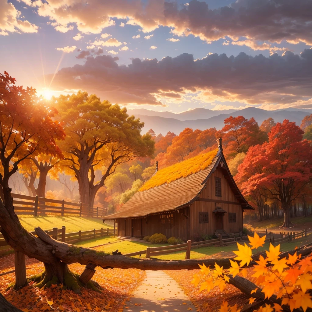 (Highest quality, High resolution), Vibrant colors,Low - Angle,

(古びたwood製のベンチ:1.3),Fascinating and enchanting autumn scenery. Warm earth tones, Soft and natural lighting.Autumn leaves background, Vibrant colorsの葉, The golden leaves gently fall, wood々Warm sunlight shining in from between, Peaceful and calm atmosphere, Soft rays of light illuminating the scene, The sound of rustling leaves, Fresh, cool air, Textured bark, A carpet of fallen leaves on the ground, Quiet and picturesque setting, Natural beauty in full bloom, 
