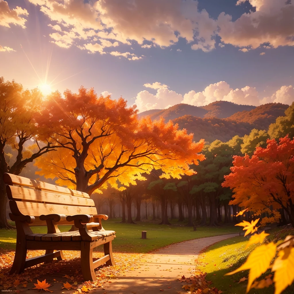 (Highest quality, High resolution), Vibrant colors,Low - Angle,

(古びたwood製のベンチ:1.3),Fascinating and enchanting autumn scenery. Warm earth tones, Soft and natural lighting.Autumn leaves background, Vibrant colorsの葉, The golden leaves gently fall, wood々Warm sunlight shining in from between, Peaceful and calm atmosphere, Soft rays of light illuminating the scene, The sound of rustling leaves, Fresh, cool air, Textured bark, A carpet of fallen leaves on the ground, Quiet and picturesque setting, Natural beauty in full bloom, 