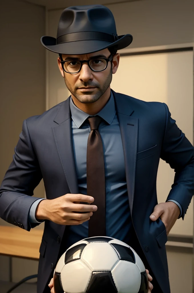 A detective with a hat and glasses holding a soccer ball with his hands in pixar format and for WhatsApp photo