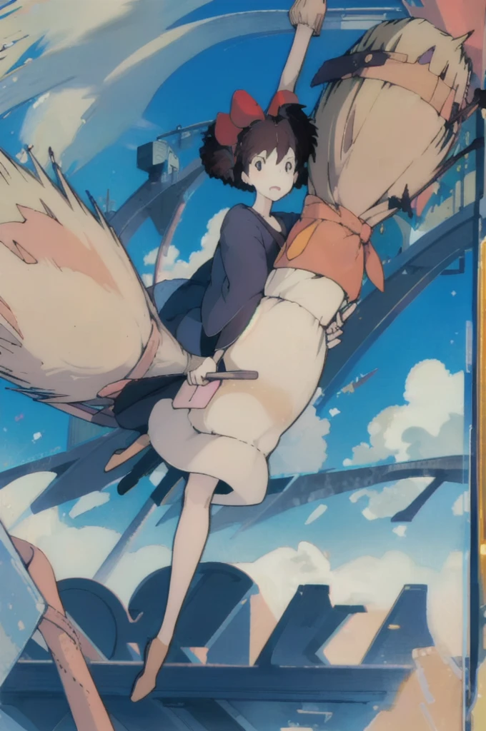 (masterpiece:1.4), (Highest quality:1.4), (High resolution:1.4),girl, Kiki on a flying broom,cloud, Black Robe, Red hair ribbon, Shoulder bag,