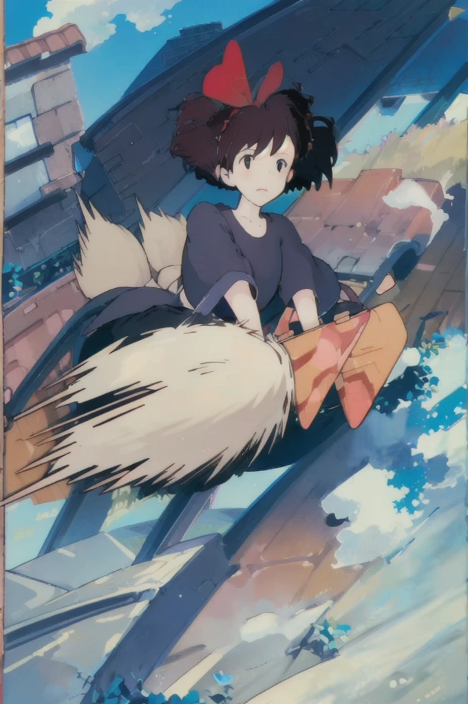 (masterpiece:1.4), (best quality:1.4), (high resolution:1.4),girl, Qiqi flying in the sky on a broom,cloud, Black robe, Redhead bow, Shoulder Bags,