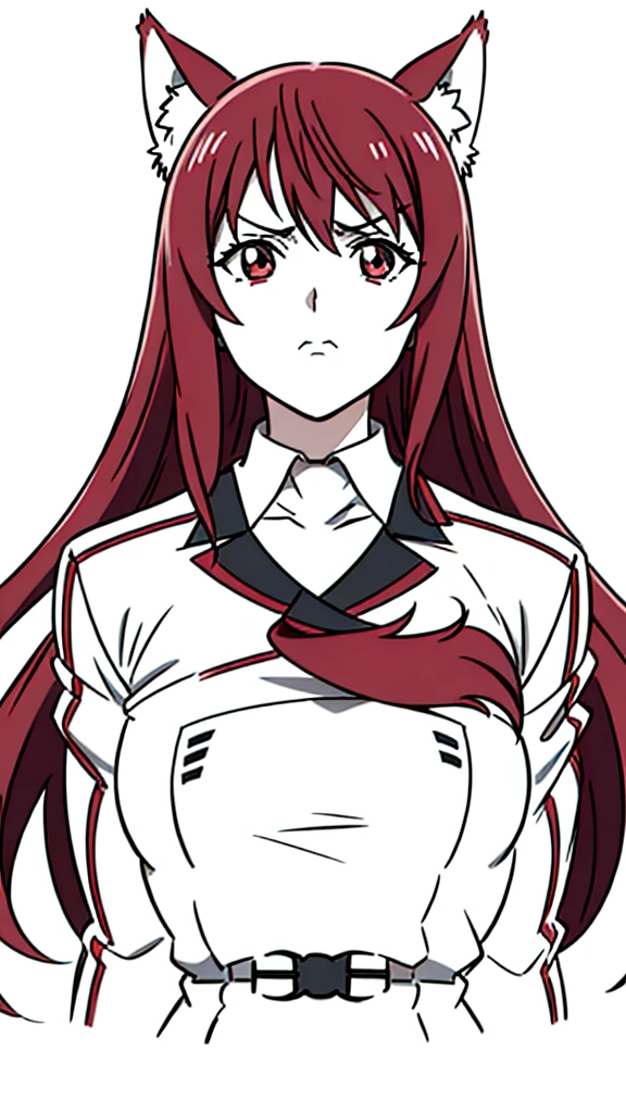 1girl ,20s,angry face,(red hair),long hair,fox ears,(white background, line drawing),bbuinfinite_stratos_school_uniformniform,upper body