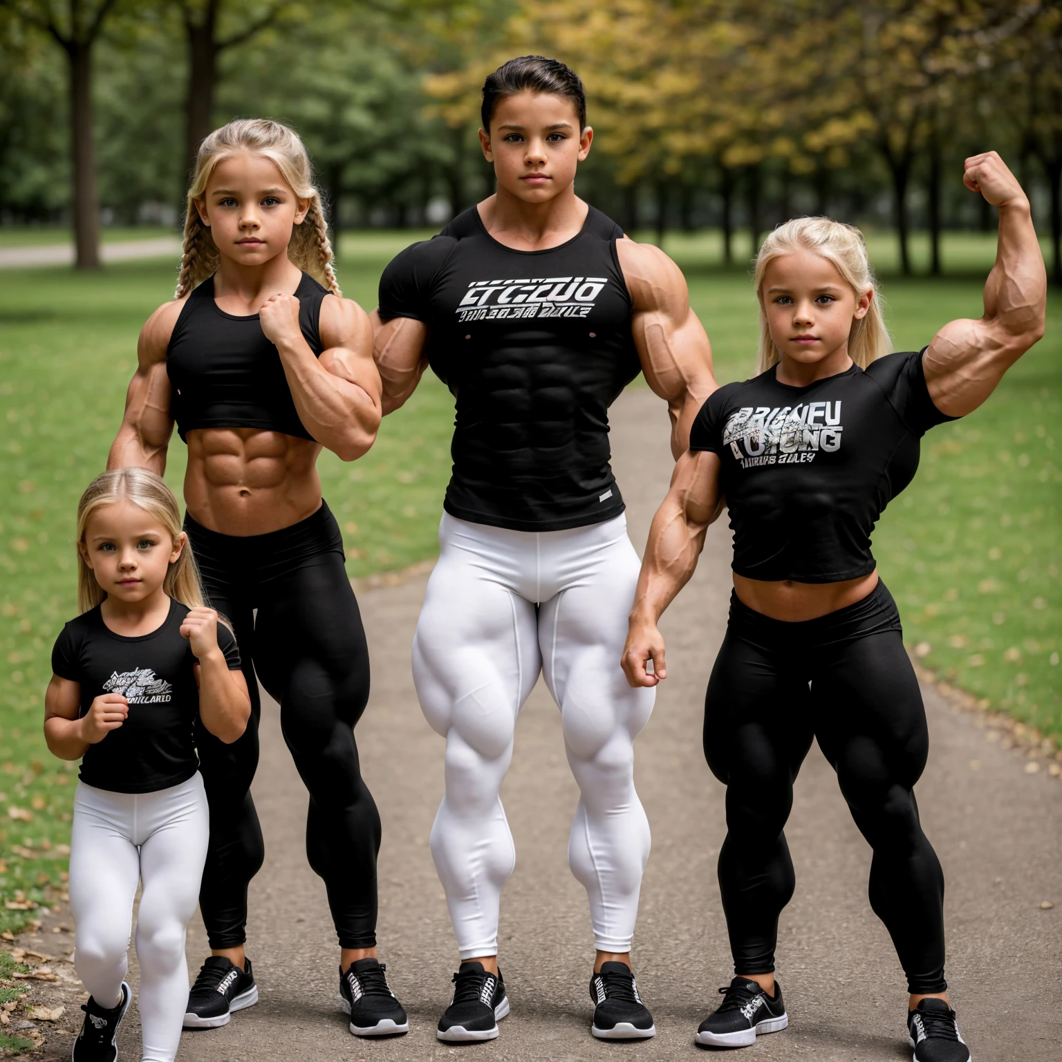 two 10 year old beautiful muscualr bodybuilding children girls, (one blonde haired girl is muscular with a bodybuilder physique), (one black haired girl is with a muscular fitness model physique, girly leggings, black and white tshirt) in a park