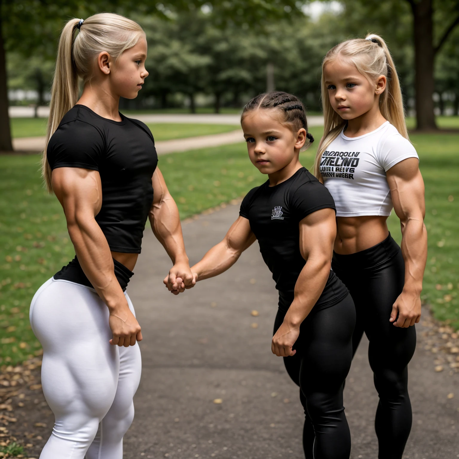 two 10 year old beautiful muscualr bodybuilding children girls, (one blonde haired girl is muscular with a bodybuilder physique), (one black haired girl is with a muscular fitness model physique, girly leggings, black and white tshirt) in a park