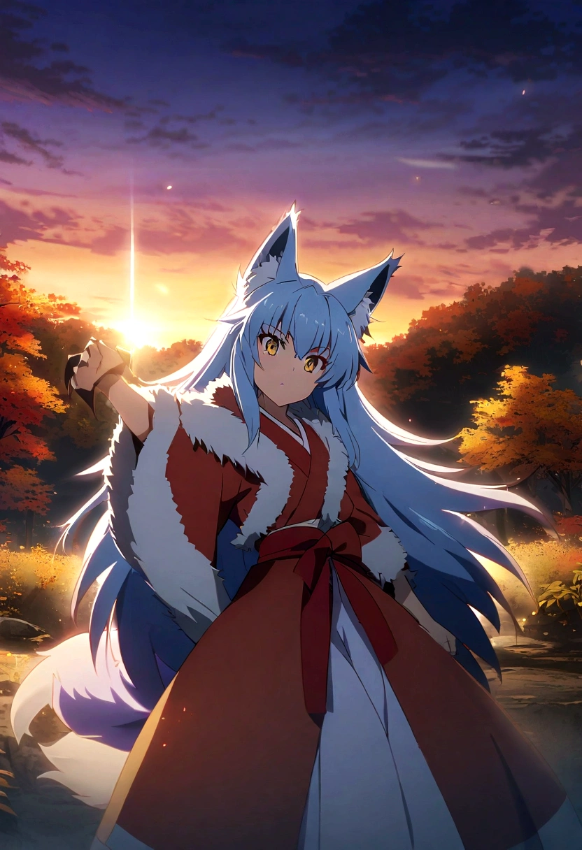 fox Light blue hair beast girl indigo fur fox beast girl fox Light blue hair beast girl indigo fur fox beast girl Sesshomaru, Yellow eyes, Anime, Perfect face, Perfect Lighting, Outdoors, Warm colors, Dark purple sky, Autumn sunset, \(inuyasha\), Bearing Claw, Ready to fightPerfect Lighting, Outdoors, Warm colors, Dark purple sky, Autumn sunset, fox Light blue hair beast girl indigo fur fox beast girl