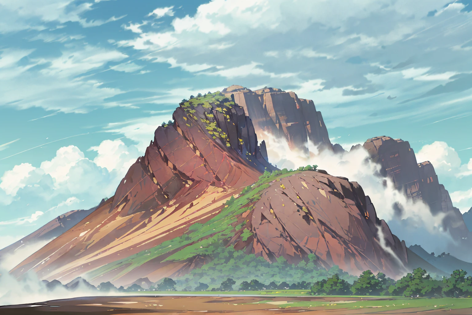 summer, brown rock area, brown rock formation, (illustration : 1.0), Narrative composition, realistic lighting, HD detail, masterpiece, best quality best, (Highly detailed CG integrated 8k wallpaper), wide and flat rocky area, A small, sharp, rough rock at the top of the screen.