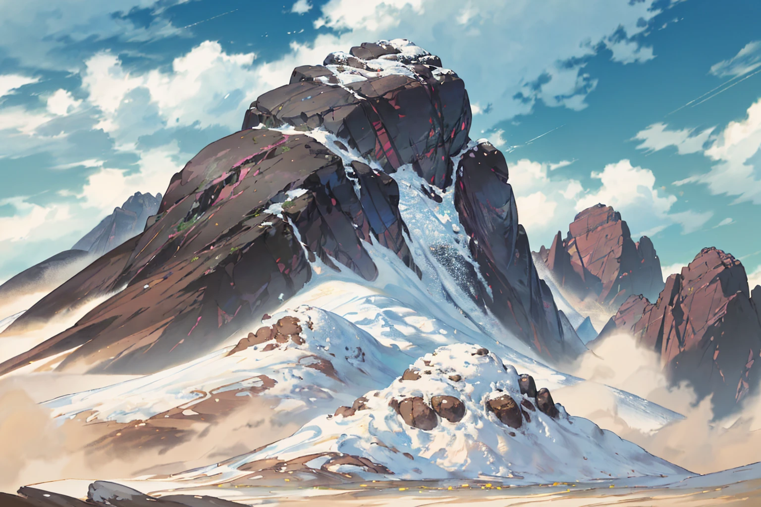 summer, brown rock area, brown rock formation, (illustration : 1.0), Narrative composition, realistic lighting, HD detail, masterpiece, best quality best, (Highly detailed CG integrated 8k wallpaper), wide and flat rocky area, A small, sharp, rough rock at the top of the screen.