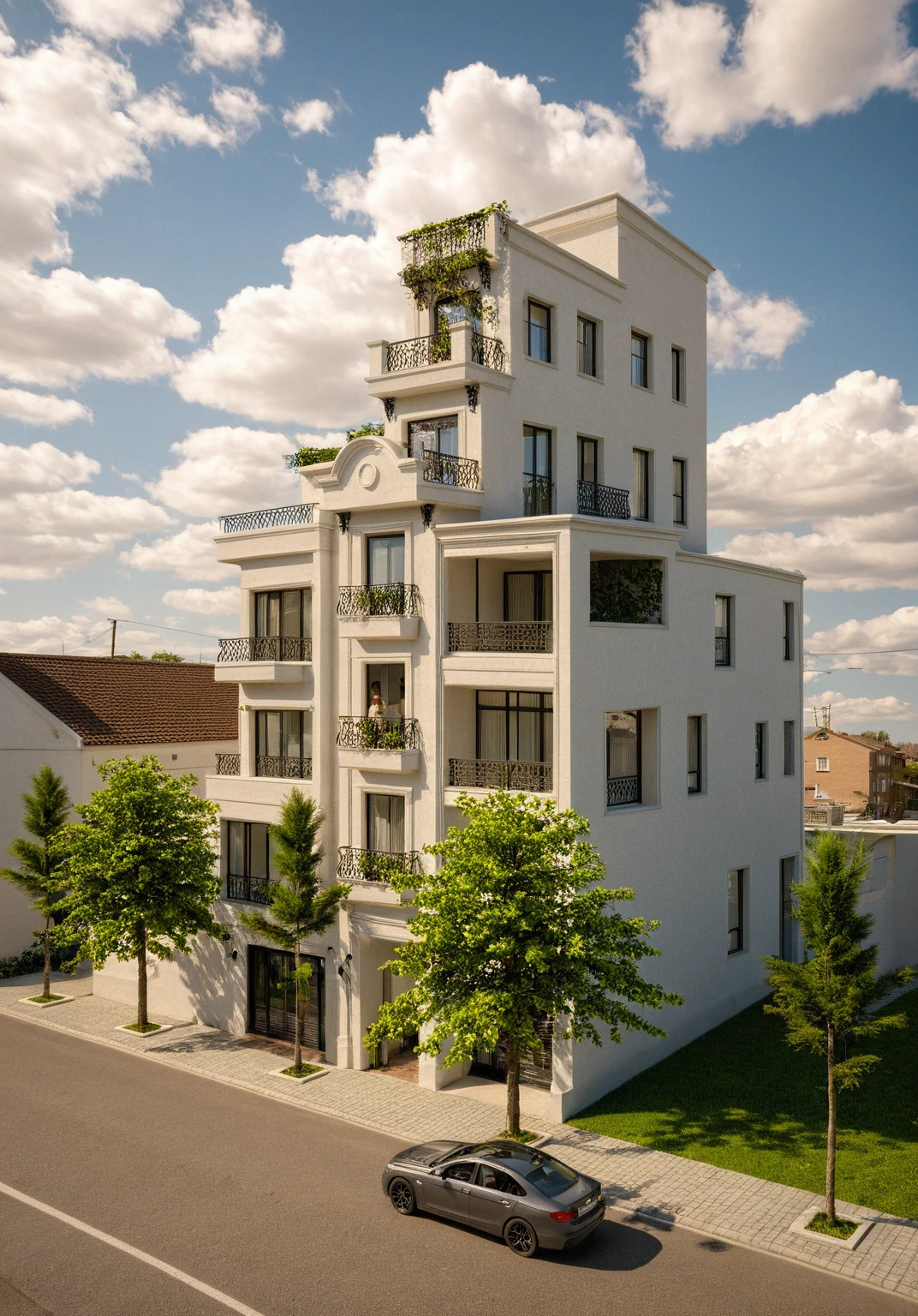 Raw photo,Masterpiece, high quality, best quality, authentic, super detail,
exterior, outdoors, house style neoclassic on the street ,aiaigroup, car, human, man, girl, motobike
road,pavement, grass, trees, sky, cloud, (day:1.1)
