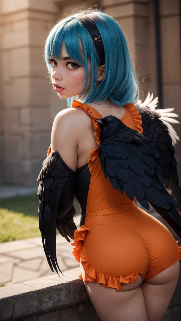 girl, Vibrant Colors, Master Piece, (Best Quality: 1.3), 8k Quality, (absurdres absolutely resolution),texture,(Extremely Detailed Illustration), (Super Fine Illustration), an Extremely Delicate and Beautiful, Ultra High Resolution, Fantasy, (super detailed), official art, production art, HDR, cute face, kawaii, (((1 girl))), (large crow wings on back:1.4), (blow kiss:1.4), light blue hair, long hair, small face, orange eyes, large breasts, hair with orange flower, (orange and black clothes, two tone one piece of frill:1.4),
