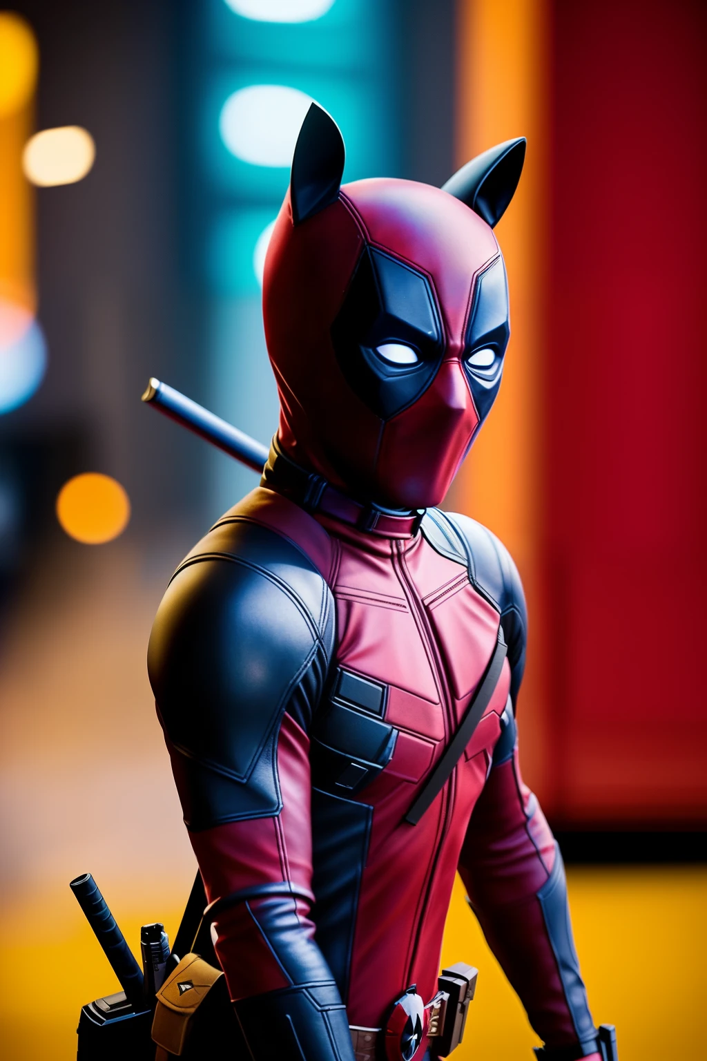 A masterful, high-quality portrayal of a Deadpool-style cat body, meticulously crafted with analog and cinematic elements, boasting a subtle film grain (1.3). The image, shot with a 24mm lens, features a captivating depth of field (Bokeh DOF), showcasing the cat's intricate details in a dramatic, cinematic fashion. The Deadpool-inspired details are accentuated, making this image a true masterpiece (1.3) and a testament to the best quality (1.2) and high-quality standards of its creation.