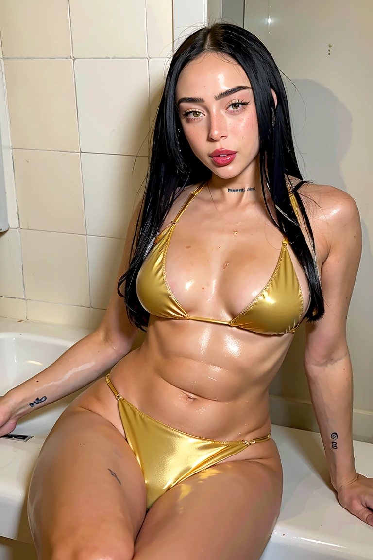 a photograph of (1girl, solo), fotografía analógica de ahegao, ahegao expression, (sweat:1.1) ((salivation)), 1girl has reddened cheeks, (soft saturation:1.2), analog film photography, in a gold bikini sitting in a bathtub with foam on the floor, shiny golden bikini, gold transparent bikini, gold body, glistening body, shiny plastic bikini, smooth gold skin, elegant gold body, gold bra, wet shiny skin, metal bikini, smooth golden skin, with shiny skin, shiny metallic glossy skin, shiny soft skin, elegant gold skin, wet body, shiny gold, shiny skin, gold suit, shiny wet skin!!