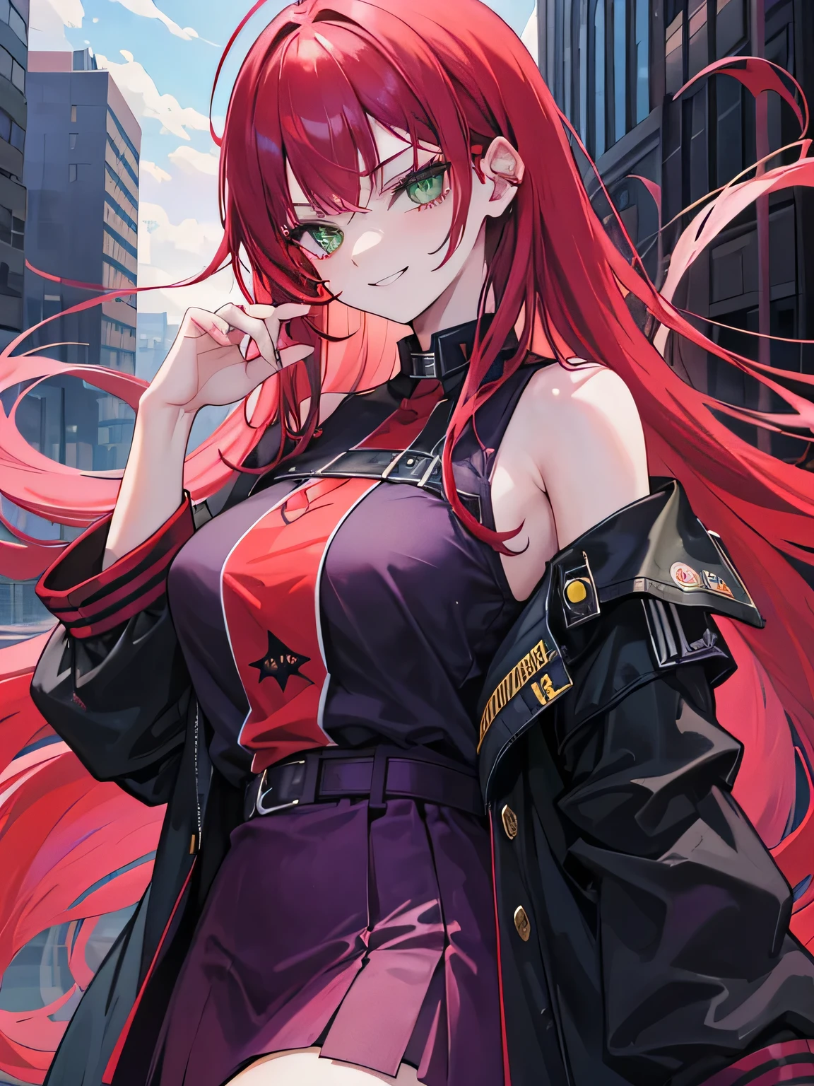 girl, green eyes, long red hair, she hair messy wavy. wear purple black uniform, arogant, independent woman, thug. bad girl. itimidating women. sadistic smile. background in town.