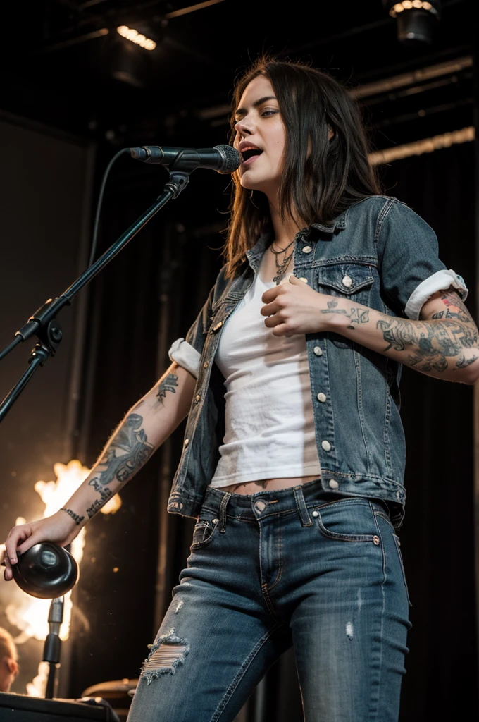 girl grunge, black les paul guitar, 70's, stage, tattoos, jeans, white shirt, singing, fire behind, black and white, shades, flannel shirt, kurt cobain inspired