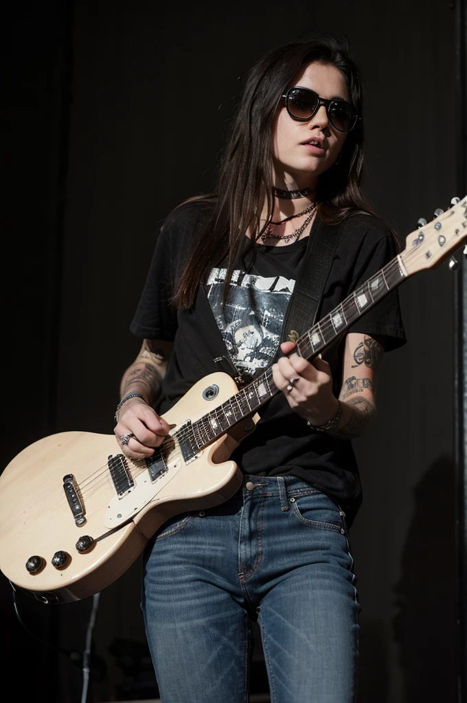 girl grunge, black les paul guitar, 70's, stage, tattoos, jeans, white shirt, singing, fire behind, black and white, shades, flannel shirt, kurt cobain inspired