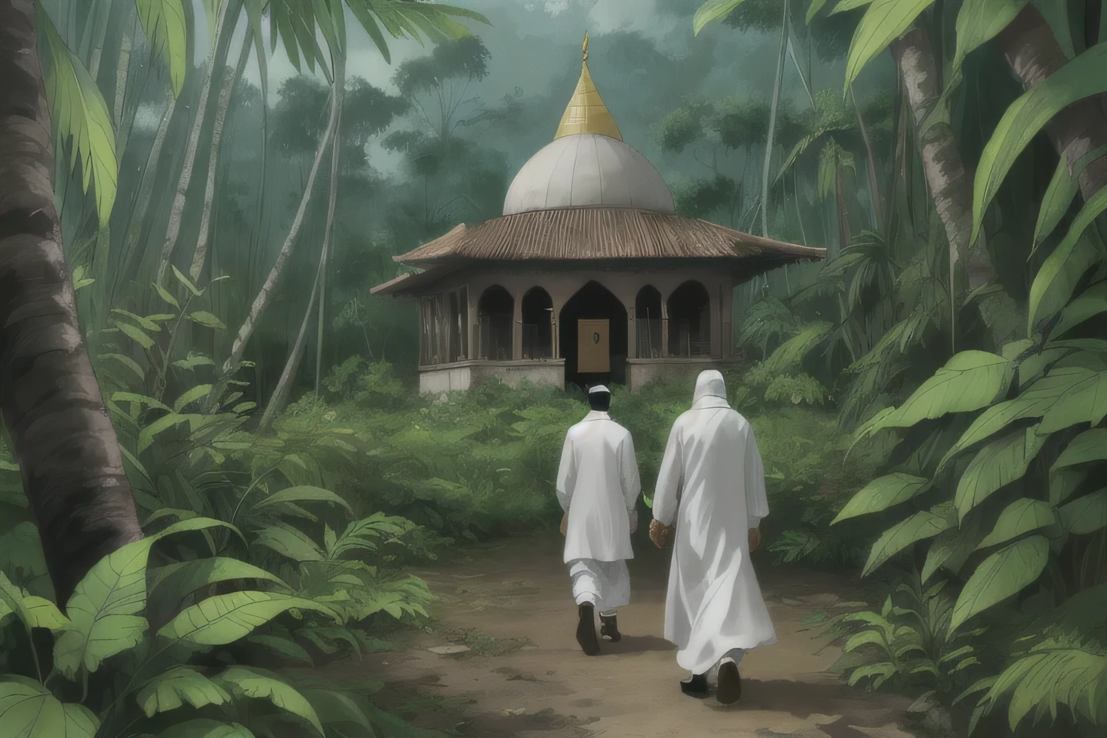 a man and his wife with moslem fashion walking in the jungle, from behind, a mosque from afar