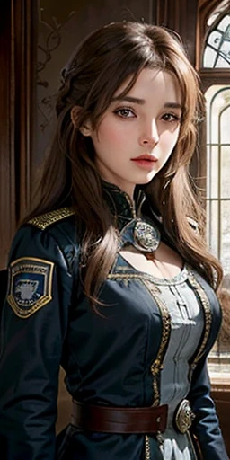photorealistic, high resolution, soft light, a very cute and pretty brown-haired girl, solo, (detailed face), badge, medieval fantasy dark military uniform, silver hems, steampunk, Victorian police