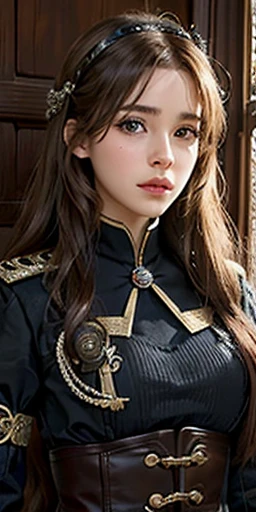 photorealistic, high resolution, soft light, a very cute and pretty brown-haired girl, solo, (detailed face), badge, medieval fantasy dark military uniform, silver hems, steampunk, Victorian police