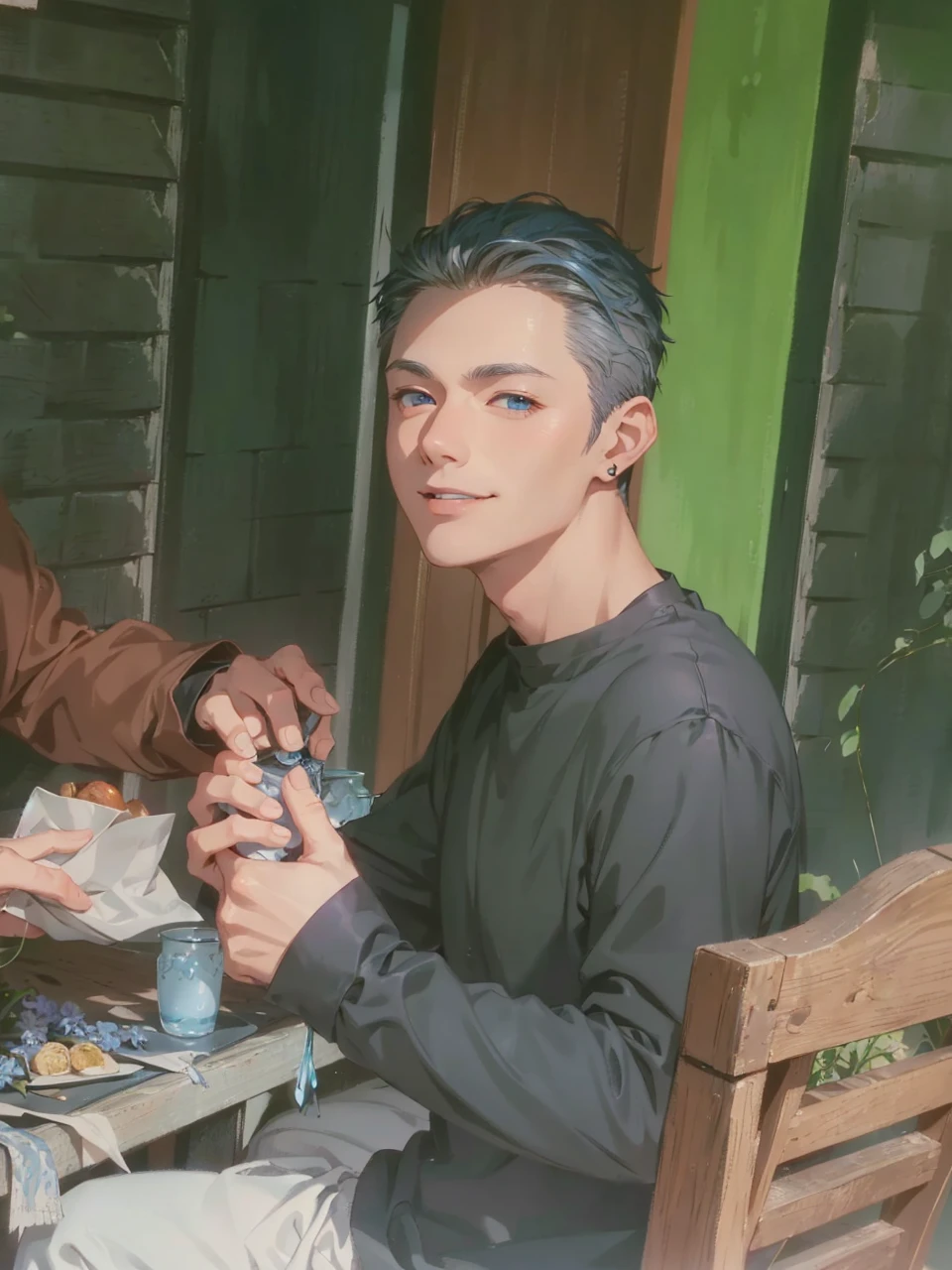 (absurd、High resolution、super detailed、nffsw)、masterpiece、highest quality、male 、solo、Handsome、short hair、gray hair、blue eyes、fine eyes and detailed face、casual clothes、true shadow、joy、connect ears、Upper body、blur the background、smile、City of night、