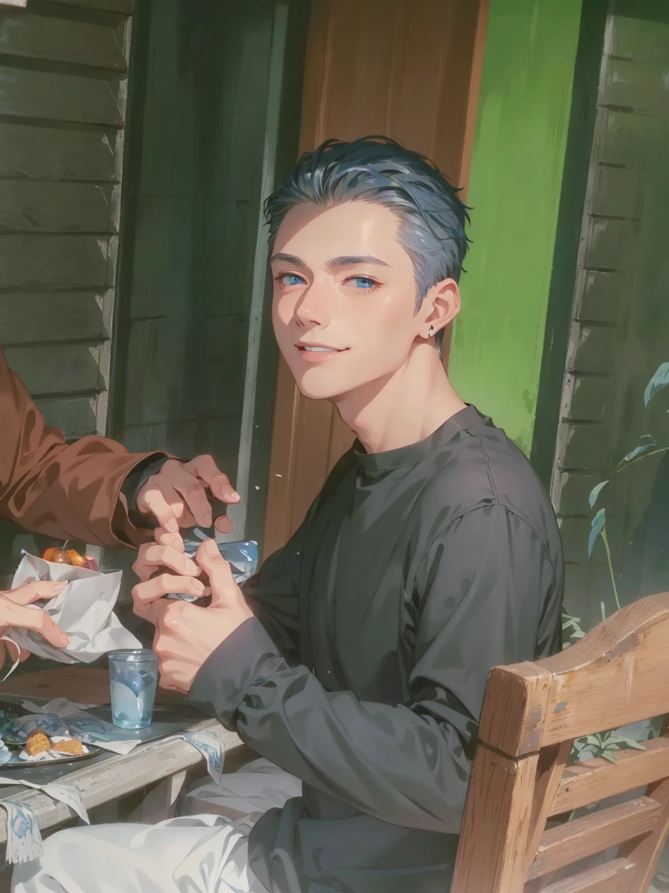 (absurd、High resolution、super detailed、nffsw)、masterpiece、highest quality、male 、solo、Handsome、short hair、gray hair、blue eyes、fine eyes and detailed face、casual clothes、true shadow、joy、connect ears、Upper body、blur the background、smile、City of night、