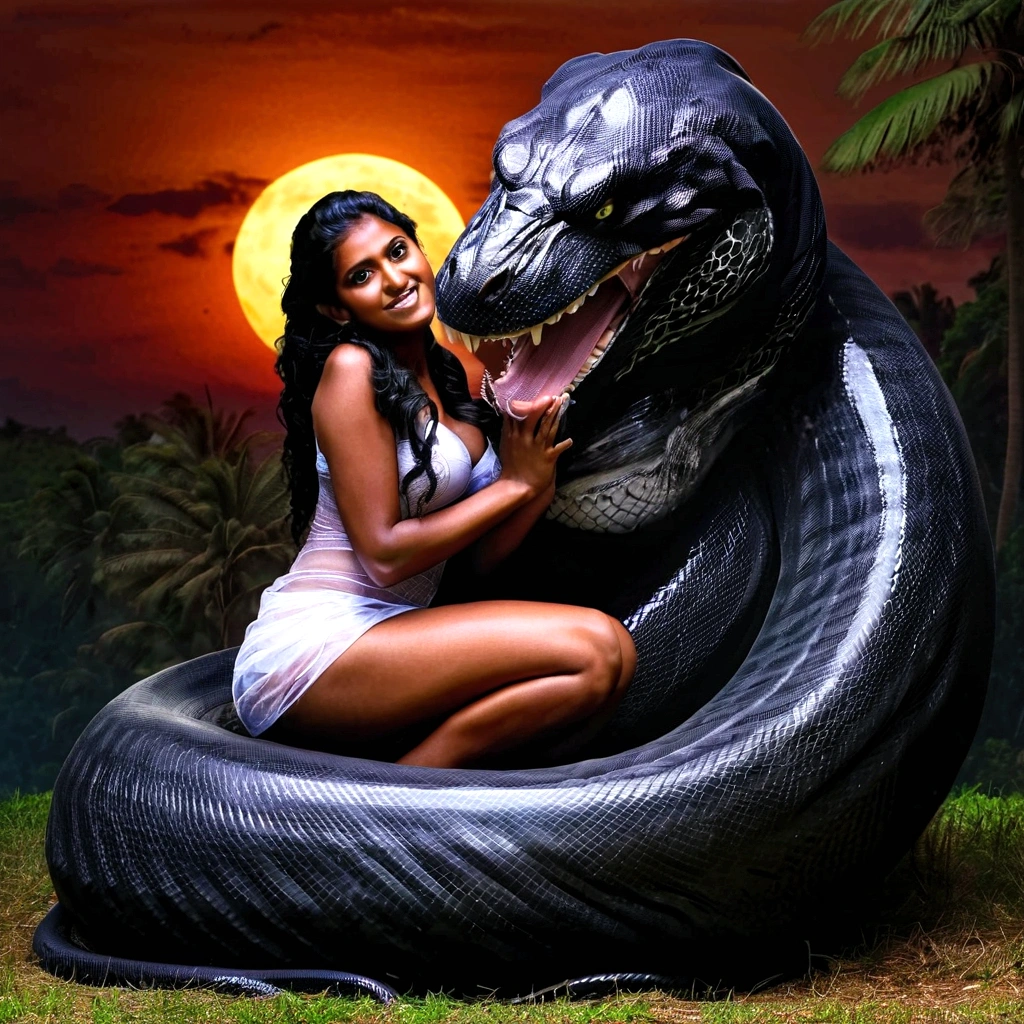  Happy Horny, aroused 1girl), beautiful kneeling Indian young teen girl   with  giant colossal black titanboa monster  squeezing her hard, wrapped in thick spiraling coils, constricted, struggle, gasping for air, snake attack, snake peril, moonless night, dim light