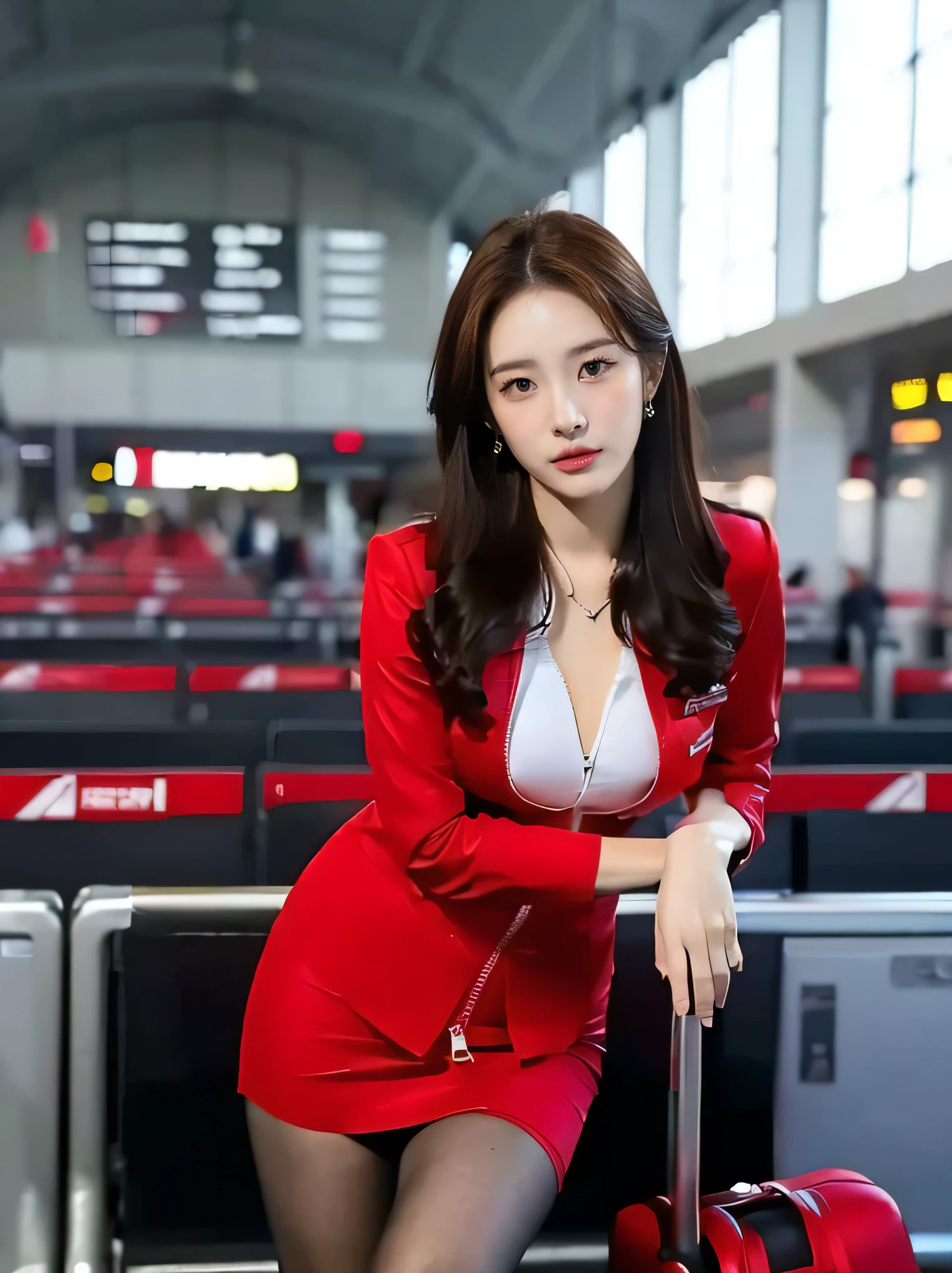 (masterpiece:1.2, highest quality:1.2), 32k HDR, High resolution, (alone, 1 girl), （Realistic style of AirAsia stewardess uniform）, neat woman, beautiful face, brown hair, (long hair down to waist), (red jacket:1.1, Unzipped jacket, unbuttoned white shirt:1.05, red mini skirt:1.1, pantyhose), perfect slim body:1.1, huge breasts, Huge breasts cleavage, detailed skin texture, fine eyes, (fascinating look:1.2), necklace、earrings、(forward leaning posture:1.5, in an airport, London , Heathrow airport,blue eyes